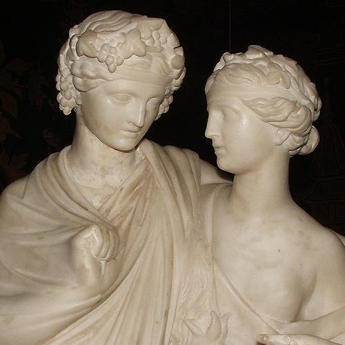  An Italian 19th Century Neoclassic Roman Biancone Marble Statue of the Greek mythological Bacchus and AriadneBacchusthe god of winefalling in love with 
Ariadne