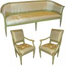 An 18th Century Italian Polychrome and Parcel Gilt Louis XVI Canapè and Pair of Arm Chairs en Suite