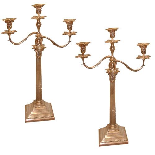  A Pair of English Neoclassical 19th Century Sterling Silver Three-Light Candelabra 