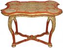 An Unusual 18th Century Vermillion Polychrome and Parcel Gilt Venetian Needlepoint Topped Side Table