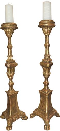 A Well-Sized Pair of Italian 18th  Century Carved Mecca Giltwood Pricket Sticks