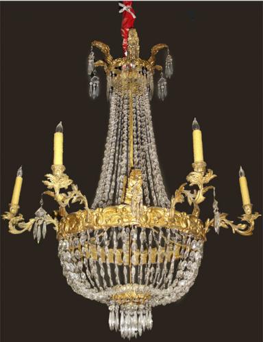 A 19th Century Italian Regency Six Light Cut Crystal and Ormolu Chandelier