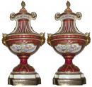 A Pair of 19th Century Red Venetian Porcelain Parcel Gilt and Enameled Urns