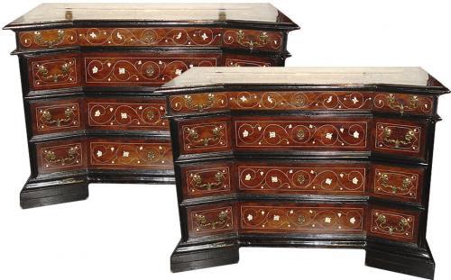A Pair of Walnut, Bone, and Ebonized Late 17th Century Italian Louis XIV Concave Block Front Commodes No. 3460 A Pair of Walnut, Bone, and Ebonized Late 17th Century Italian Louis XIV Concave Block Front Commodes No. 3460