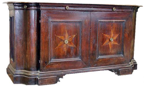  A 17th Century Serpentine Walnut Tuscan Credenza Accented with Inlaid Stellate Motifs