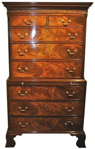 An 18th Century English Georgian Flame Mahogany Chest on Chest No. 3534 An 18th Century English Georgian Flame Mahogany Chest on Chest No. 3534
