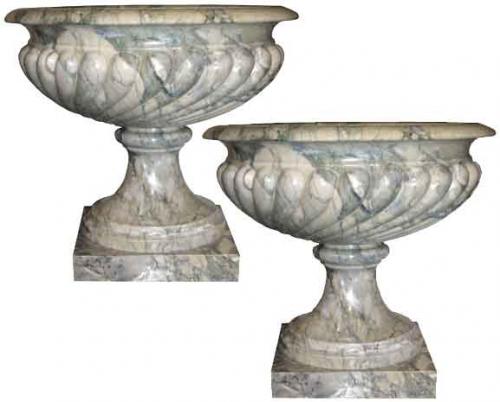A Palazzo Scaled Pair of Green and Grey Solid Marble Tazza Urns