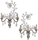A Pair of Graceful Italian Three-Light 19th Century Rock Crystal and Brass Wall Sconces