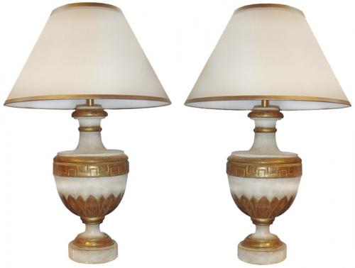 A Pair of 18th Century Giltwood and White Polychrome Urns