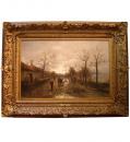 A 19th Century Italian Oil on Canvas"Peasants with Horses on Village Road"