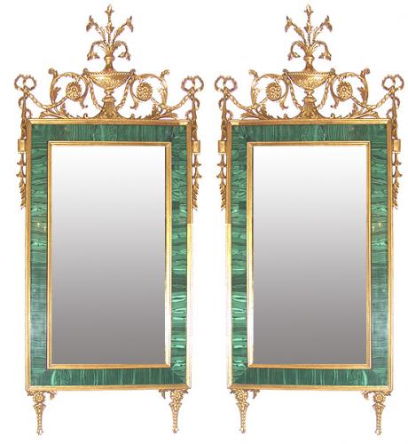 A Magnificent Pair of 18th Century Russian Louis XVI Malachite and Gilt Wood Pier Mirrors