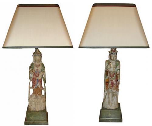 A Pair of 19th Century Polychrome Chinese Figural Statues Now as Lamps