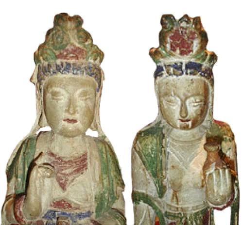 A Pair of 19th Century Polychrome Chinese Figural Statues Now as Lamps