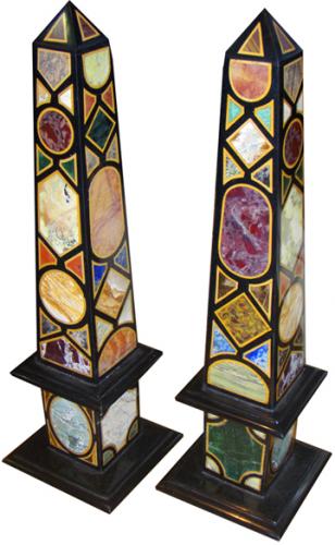 A Colorful Pair of Specimen Marble and other Semi-Precious Stone Obelisks