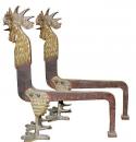 A Unique Pair of 19th Century Brass and Iron Crowing Rooster ("Coqs Cocorico") Adjustable Mechanique Chenets