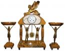 A Vintage French Egyptian Revival Yellow Sienna Marble and Brass Mantel Clock Garniture Set