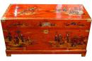 A Vermilion Lacquered 19th Century English Chinoiserie Wood Trunk with Brass Fittings