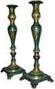 A Rare Pair of 19th Century Italian Green Polychrome Brass Candlesticks