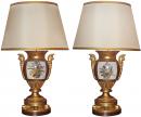 An Elegant Pair of Gilded Porcelain de Paris Vases Now Electrified as Lamps