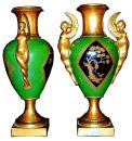 A Pair of 19th Century Neoclassic Porcelain De Paris Verde Urns