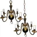A  Pair of English Four-Light Brass Chandeliers