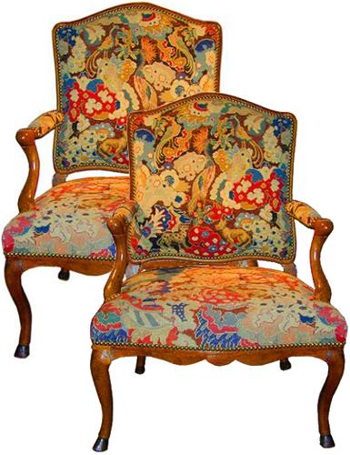 A Pair of 18th Century Walnut Regence Tapestry Armchairs