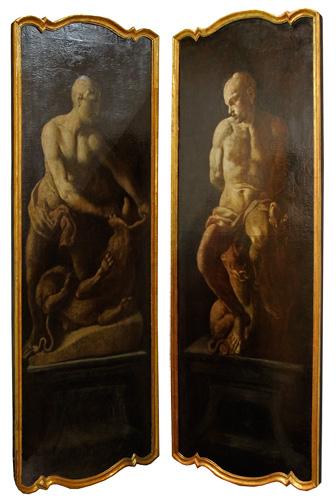 A Haunting and Rare Pair of 17th Century Neoclassical Oil on Canvas En Camaieu Panels No. 2286