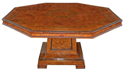 A Fine 19th Century English Regency Olive-Ash Burl Wood and Brass-Inlaid Center Table No. 1543