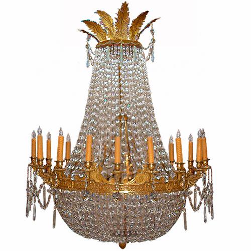 A Second-Quarter 19th Century French Empire Crystal and Gilt Metal Eighteen-Light Chandelier No. 2588