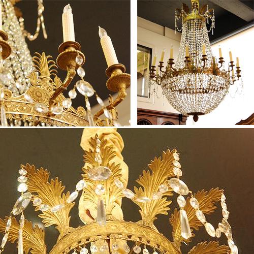 A Second-Quarter 19th Century French Empire Crystal and Gilt Metal Eighteen-Light Chandelier No. 2588