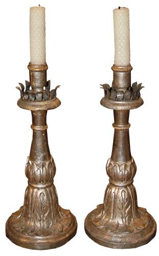 A Pair of Understated Louis XV Italian Silvered Giltwood Candlesticks No. 2263
