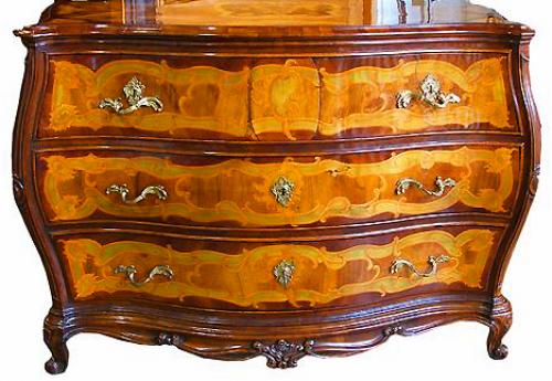 An 18th Century German Louis XIV Transitional Marquetry and Parquetry Bombé Commode No. 2636