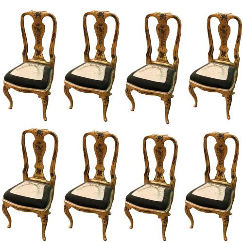 A Rare Set of Eight-18th Century Italian Venetian Gilt and Polychrome Dining Chairs No. 2510