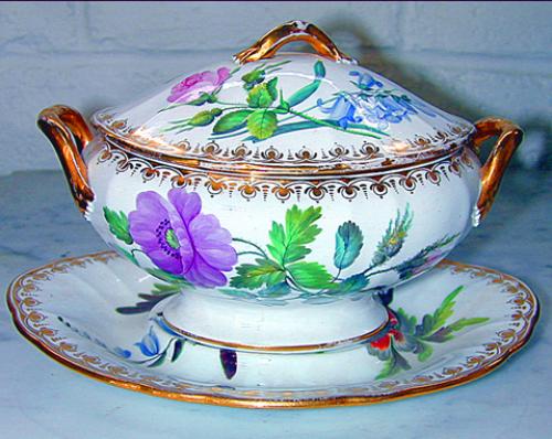 A 19th Century Hand-Painted Porcelain Soup Tourine and Saucer No. 414