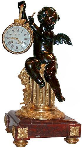 A 19th Century Well-Patinated Bronze and Ormolu French Mantel Clock with a Winged Putti No. 2757