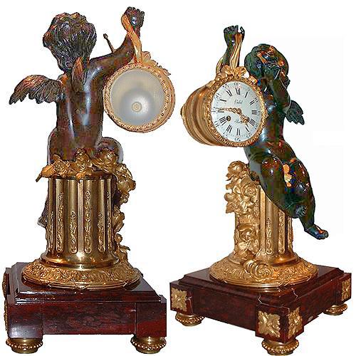 A 19th Century Well-Patinated Bronze and Ormolu French Mantel Clock with a Winged Putti No. 2757