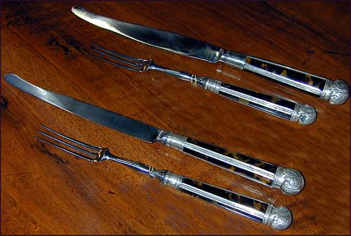 Two Sets of English Regency Silver & Tortoiseshell Knives & Forks No. 880