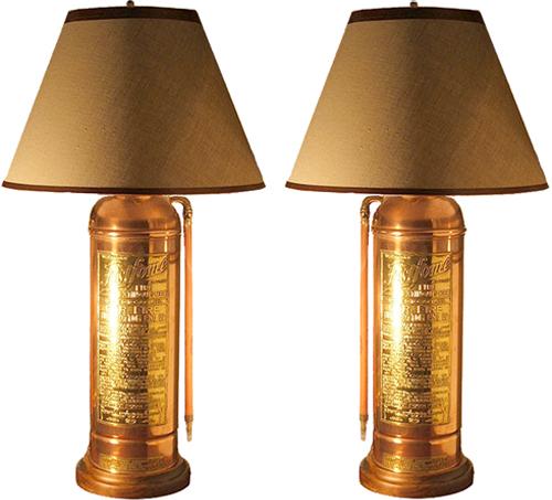 A Harlequin Pair of Early 20th Century American Brass and Copper Fire Extinguishers No. 2802