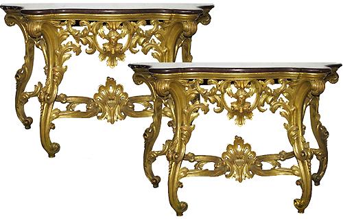 A Magnificent Pair of Italian Louis XV Giltwood Serpentine Console Tables No. 2821