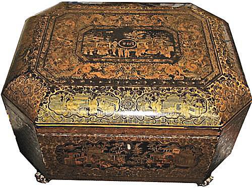 An Unusually Large 1823 English Regency Chinese Export Black, Gold and Red Lacquered Tea Caddy No. 2877