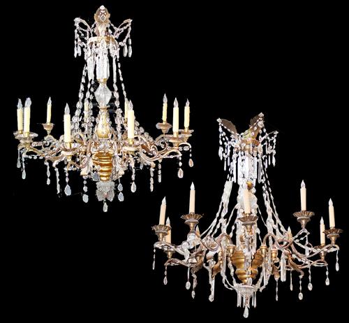 A Harlequin Pair of 19th Century Giltwood, Bronze and Crystal 10-Light Chandeliers No. 2915