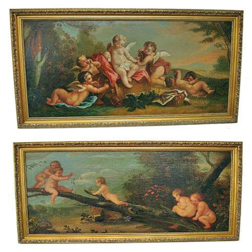 A Pair of Whimsical Oil on Canvas Paintings of Playful Putti No. 2886