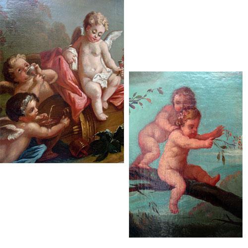 A Pair of Whimsical Oil on Canvas Paintings of Playful Putti No. 2886