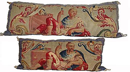 A Pair of 18th Century Flemish Chinoiserie Tapestry Fragment Cushions No. 2951