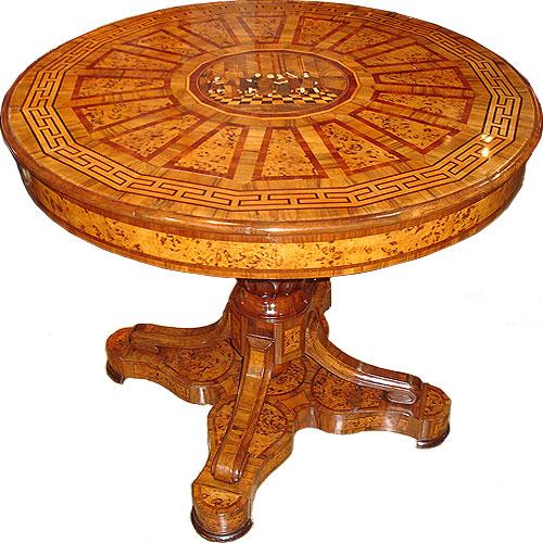 An Early 19th Century Elaborate Italian Marquetry and Parquetry Circular Pedestal Center Table 3083