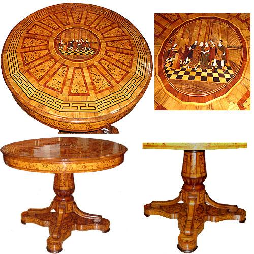 An Early 19th Century Elaborate Italian Marquetry and Parquetry Circular Pedestal Center Table 3083