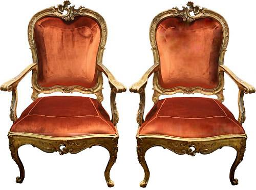 A Regal Pair of 18th Century Carved Giltwood Italian Louis XV Armchairs No. 3028