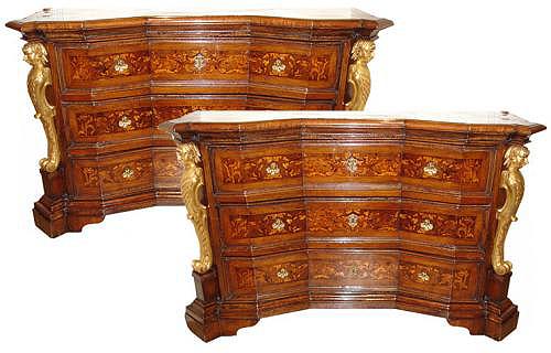 A Pair of 17th Century Large Scale Concave Baroque Marquetry Commodes No. 3033