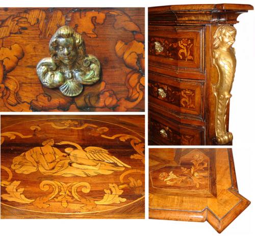 A Pair of 17th Century Large Scale Concave Baroque Marquetry Commodes No. 3033