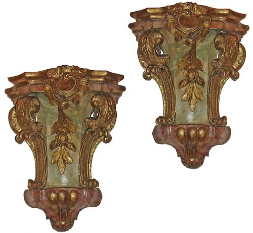 A Rare Pair of Original Polychrome and Parcel-Gilt 18th Century Venetian Wall Appliqués No. 3196